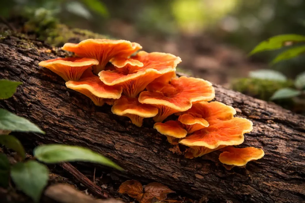Champignon orange sur bois mort