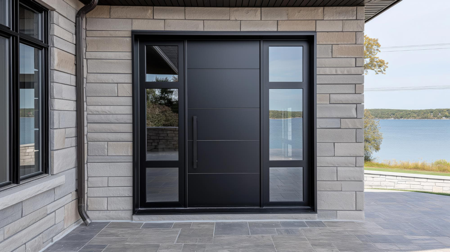 Maison contemporaine moderne au bord du lac avec une porte en métal et en verre